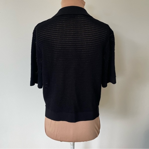 Theory Aronalee Prosecco Black Short-Sleeve Mesh Knit Button Polo Shirt EUC Sz S - Picture 3 of 9